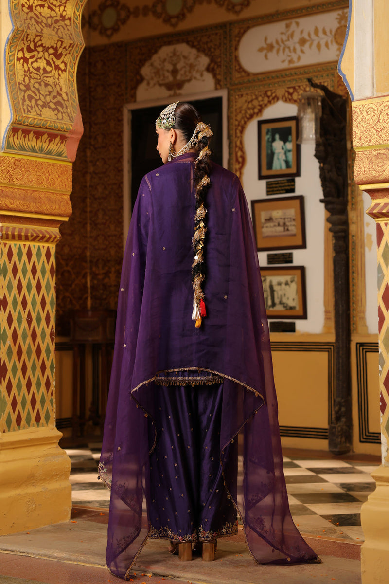 Ahista Purple Mayur Applique Short Kurta Set chiniya silk kurta/kurta set by Niti Bothra in purple for women in Singapore