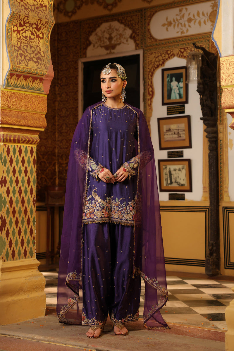 Ahista Purple Mayur Applique Short Kurta Set chiniya silk kurta/kurta set by Niti Bothra in purple for women in Singapore