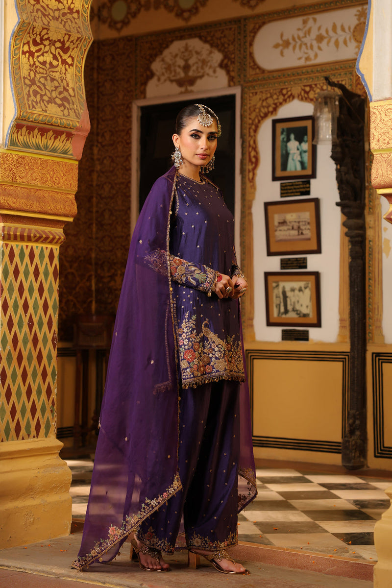 Ahista Purple Mayur Applique Short Kurta Set chiniya silk kurta/kurta set by Niti Bothra in purple for women in Singapore