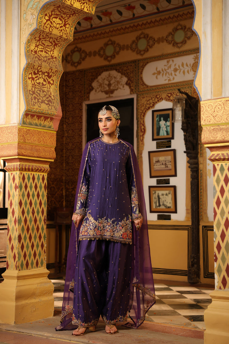 Ahista Purple Mayur Applique Short Kurta Set chiniya silk kurta/kurta set by Niti Bothra in purple for women in Singapore