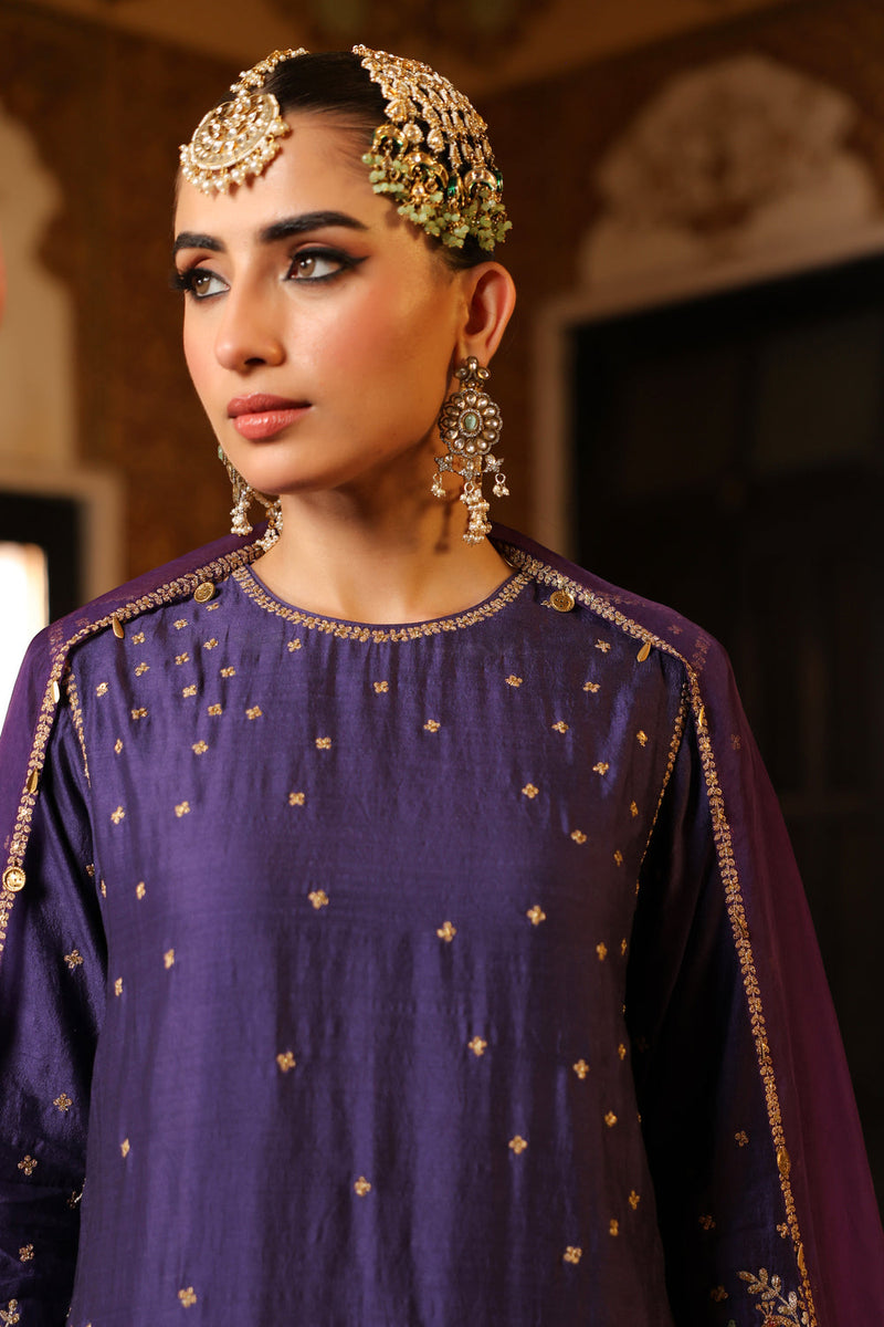Ahista Purple Mayur Applique Short Kurta Set chiniya silk kurta/kurta set by Niti Bothra in purple for women in Singapore