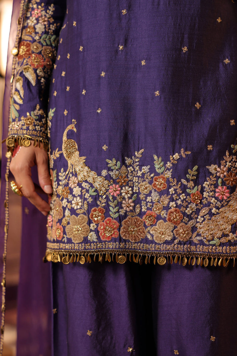 Ahista Purple Mayur Applique Short Kurta With Heavy Dupatta chiniya silk kurta/kurta set by Niti Bothra in purple for women in Singapore