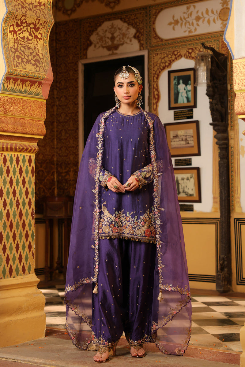 Ahista Purple Mayur Applique Short Kurta With Heavy Dupatta chiniya silk kurta/kurta set by Niti Bothra in purple for women in Singapore