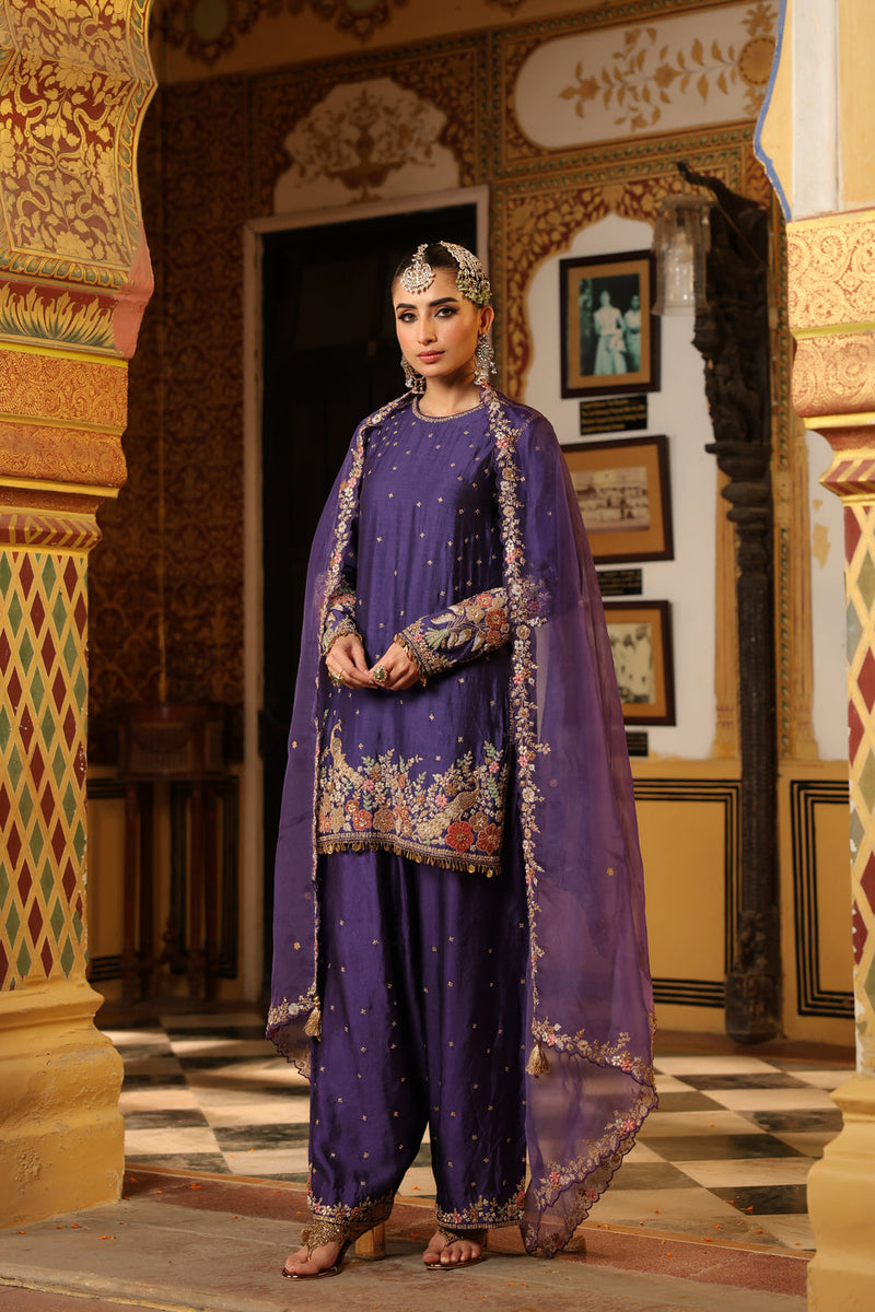Ahista Purple Mayur Applique Short Kurta With Heavy Dupatta chiniya silk kurta/kurta set by Niti Bothra in purple for women in Singapore