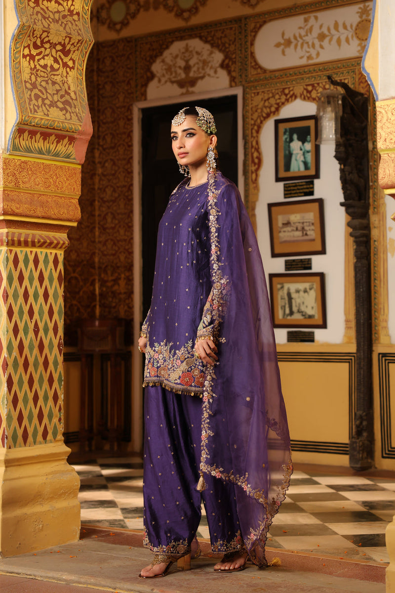 Ahista Purple Mayur Applique Short Kurta With Heavy Dupatta chiniya silk kurta/kurta set by Niti Bothra in purple for women in Singapore