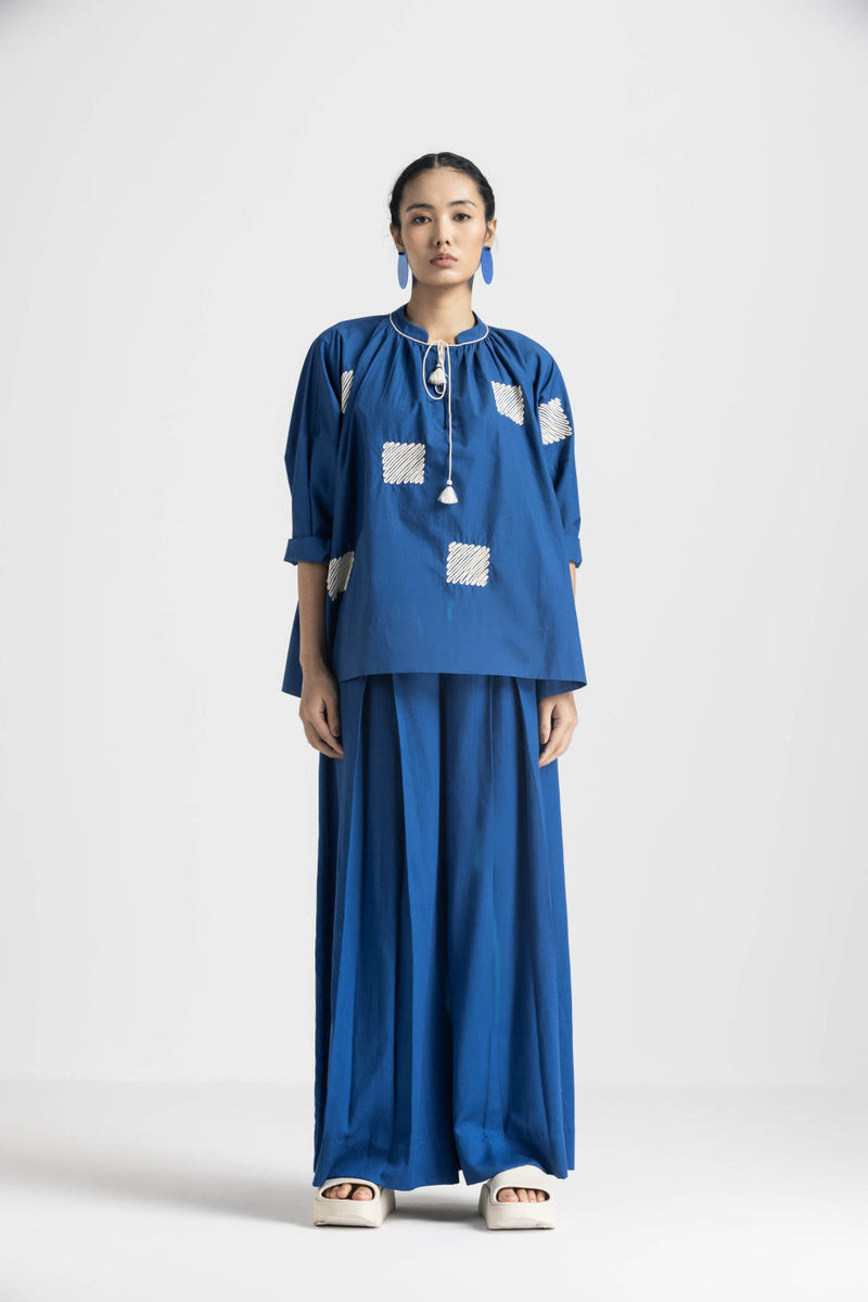 WAVE EMBROIDERY TOP - ELECTRIC BLUE poplin by THREE in blue color for women in Singapore