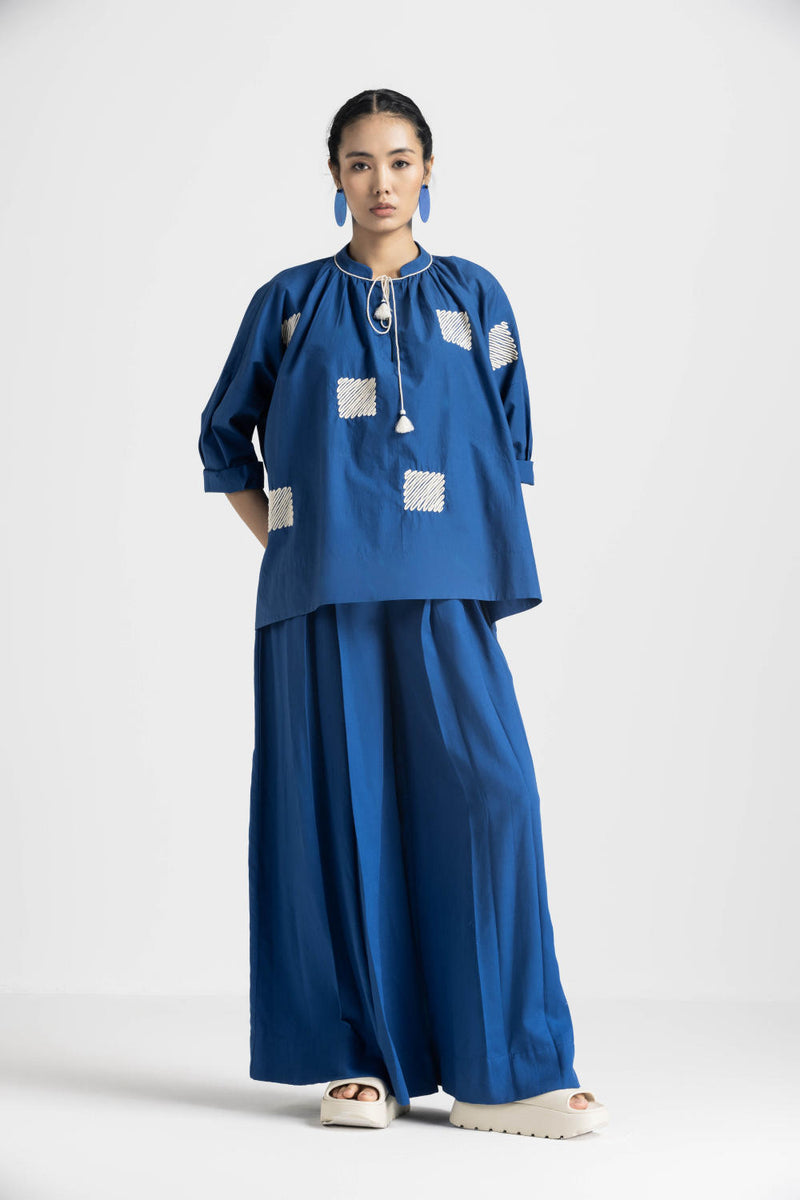 WAVE EMBROIDERY TOP - ELECTRIC BLUE poplin by THREE in blue color for women in Singapore