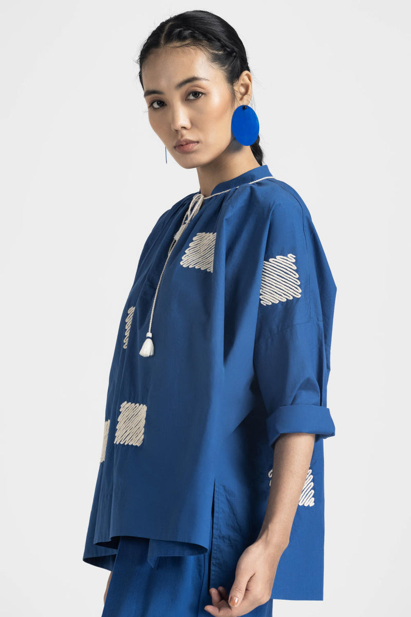 WAVE EMBROIDERY TOP - ELECTRIC BLUE poplin by THREE in blue color for women in Singapore