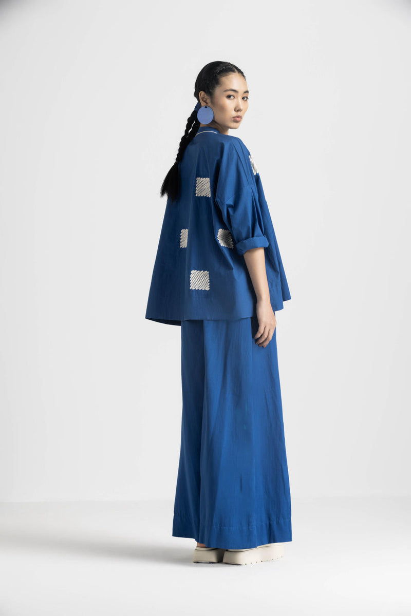 WAVE EMBROIDERY TOP - ELECTRIC BLUE poplin by THREE in blue color for women in Singapore