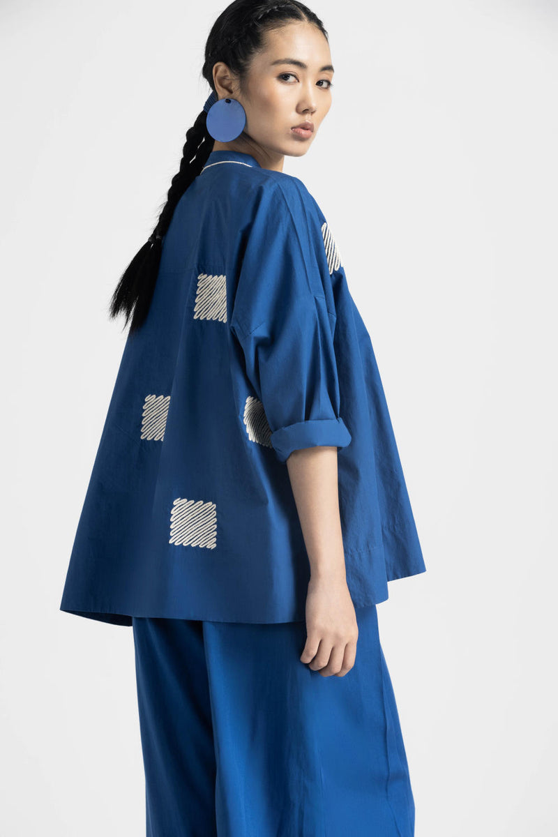 WAVE EMBROIDERY TOP - ELECTRIC BLUE poplin by THREE in blue color for women in Singapore