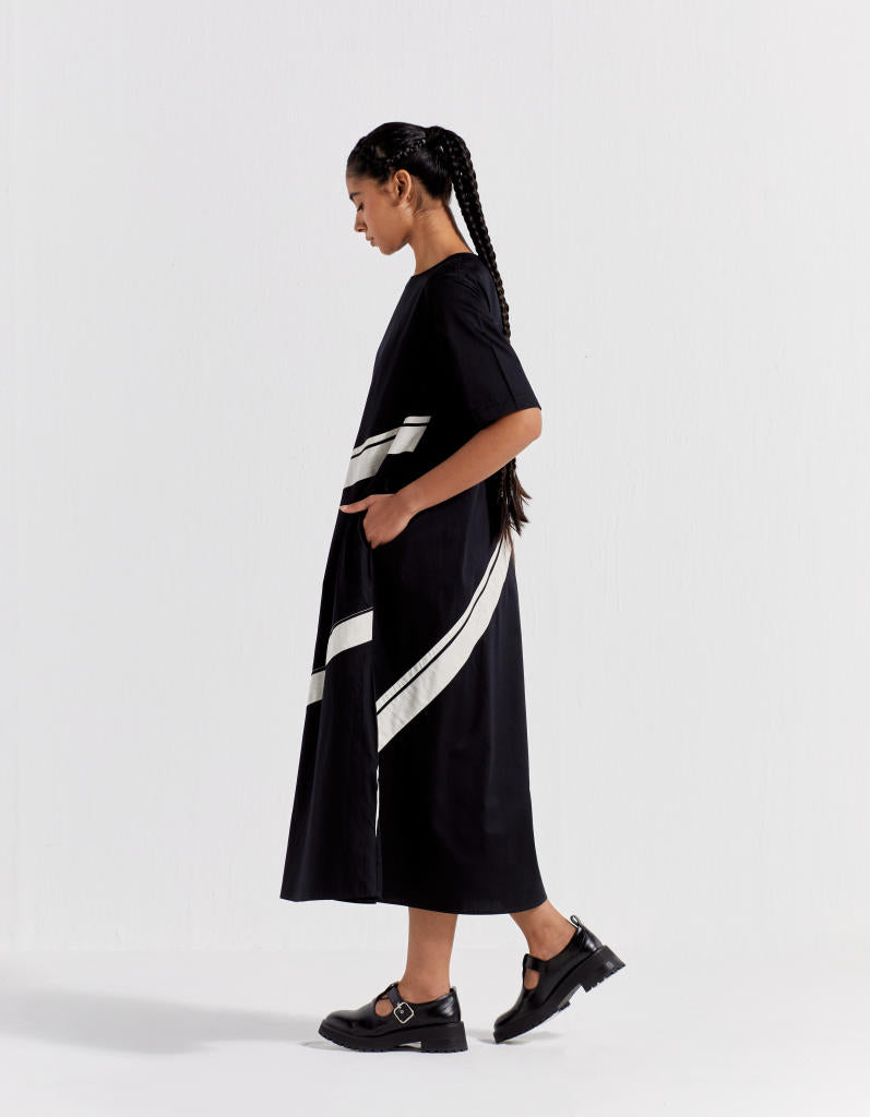APPLIQUE STRIPE DRESS - BLACK poplin by THREE in black color for women in Singapore