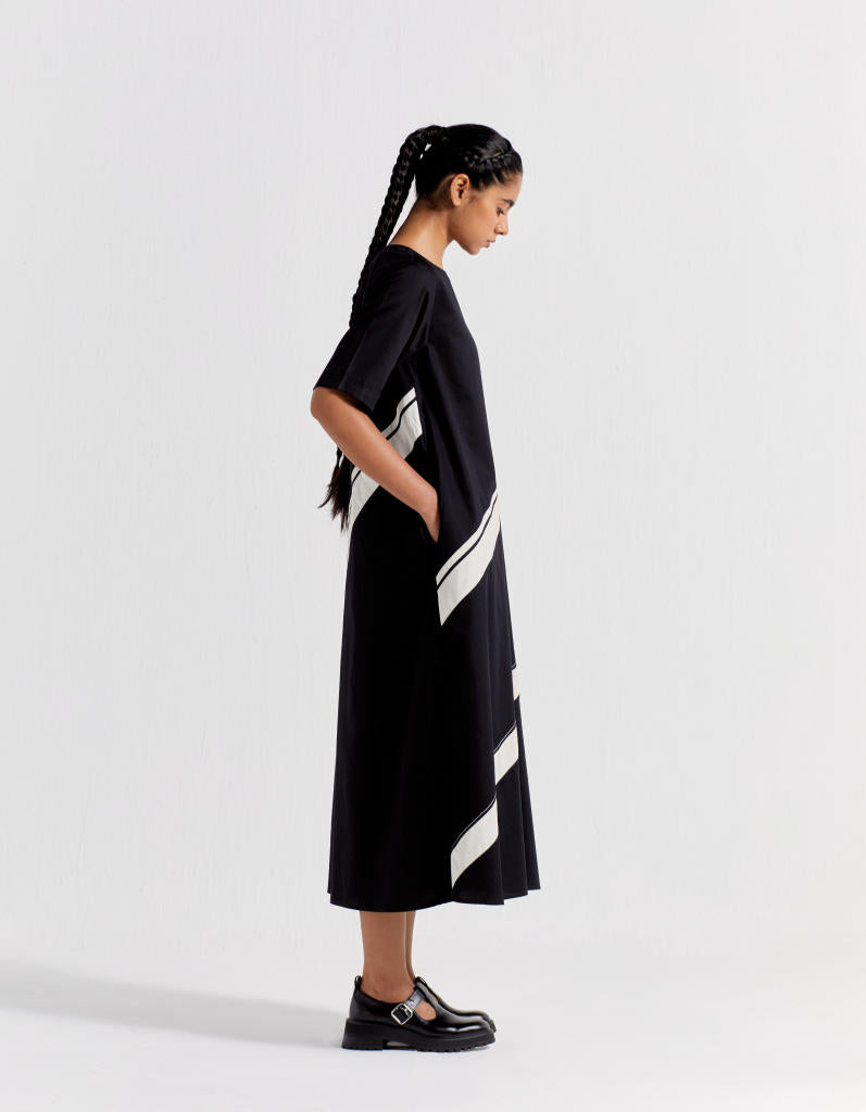APPLIQUE STRIPE DRESS - BLACK poplin by THREE in black color for women in Singapore