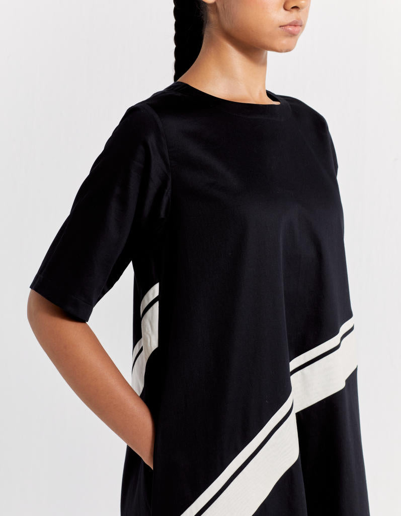 APPLIQUE STRIPE DRESS - BLACK poplin by THREE in black color for women in Singapore