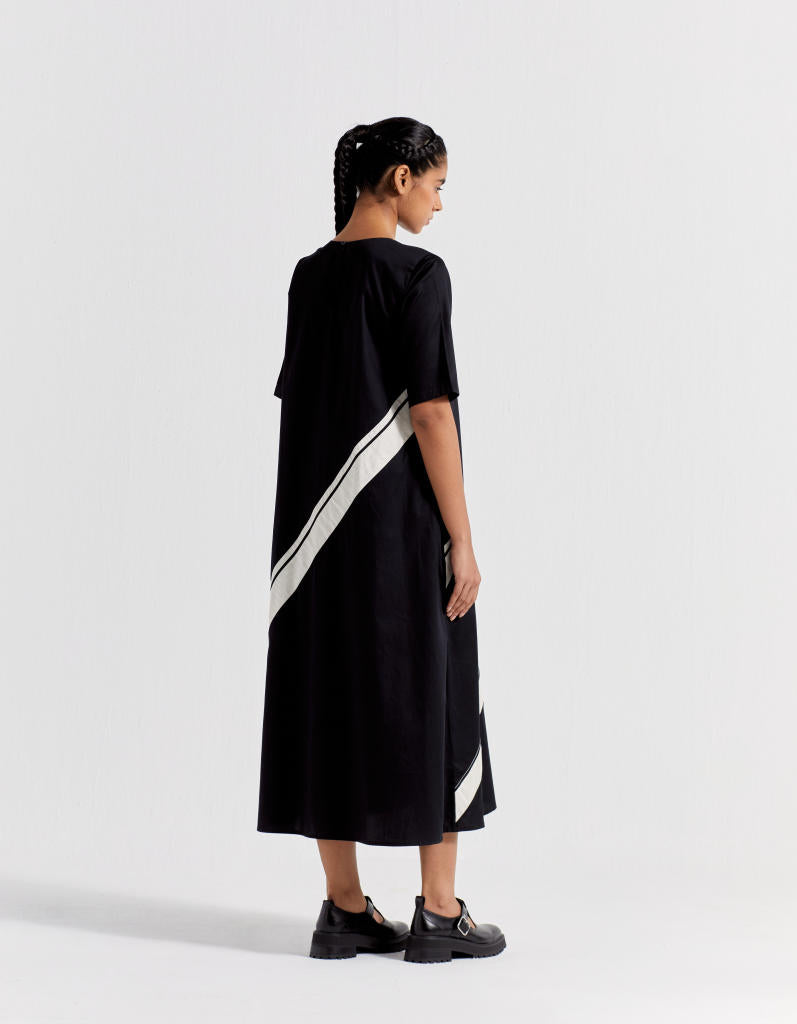 APPLIQUE STRIPE DRESS - BLACK poplin by THREE in black color for women in Singapore