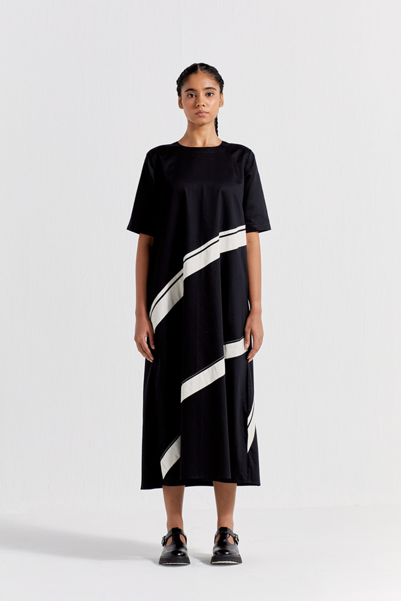 APPLIQUE STRIPE DRESS - BLACK poplin by THREE in black color for women in Singapore