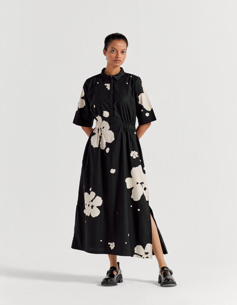 COLLARED SIDE ELASTIC WAIST DRESS - BLACK poplin by THREE in black color for women in Singapore