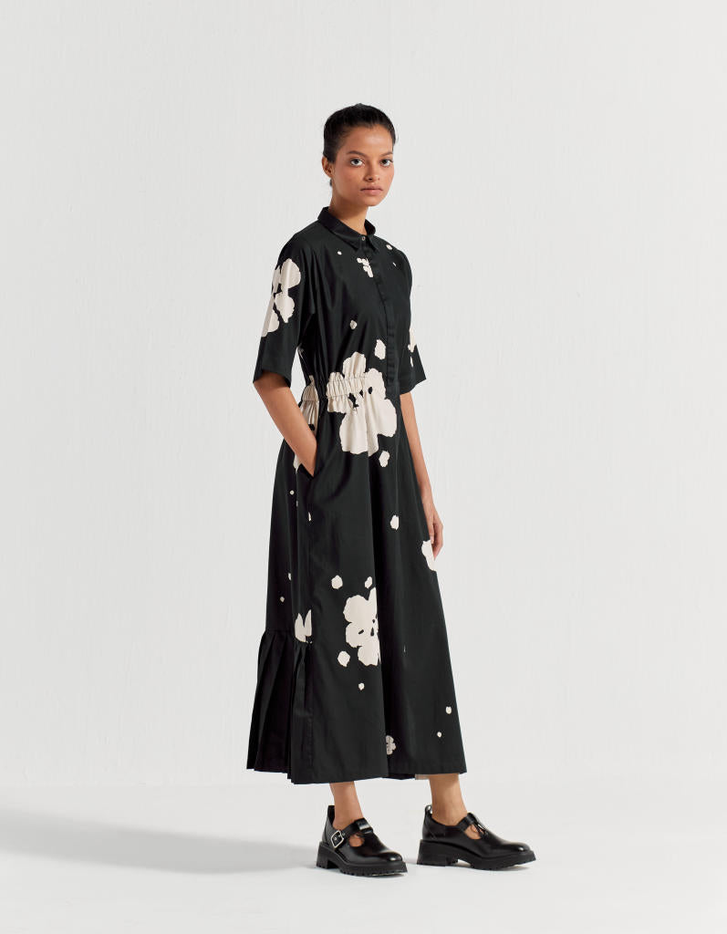 COLLARED SIDE ELASTIC WAIST DRESS - BLACK poplin by THREE in black color for women in Singapore