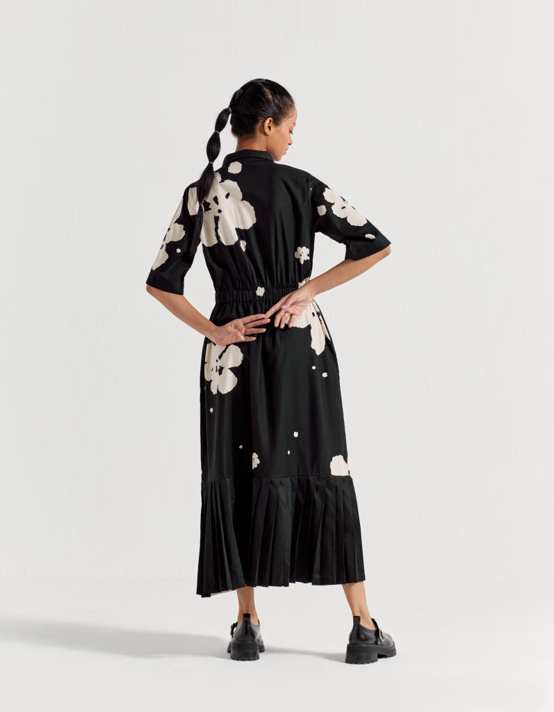 COLLARED SIDE ELASTIC WAIST DRESS - BLACK poplin by THREE in black color for women in Singapore