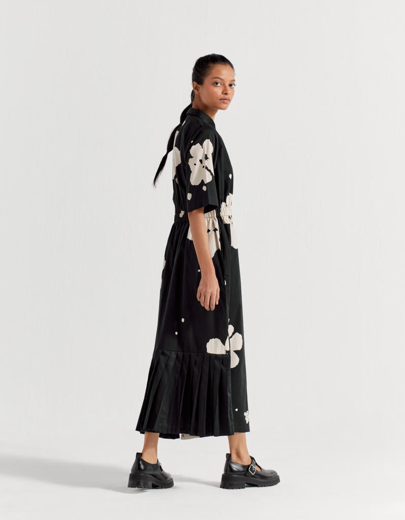 COLLARED SIDE ELASTIC WAIST DRESS - BLACK poplin by THREE in black color for women in Singapore