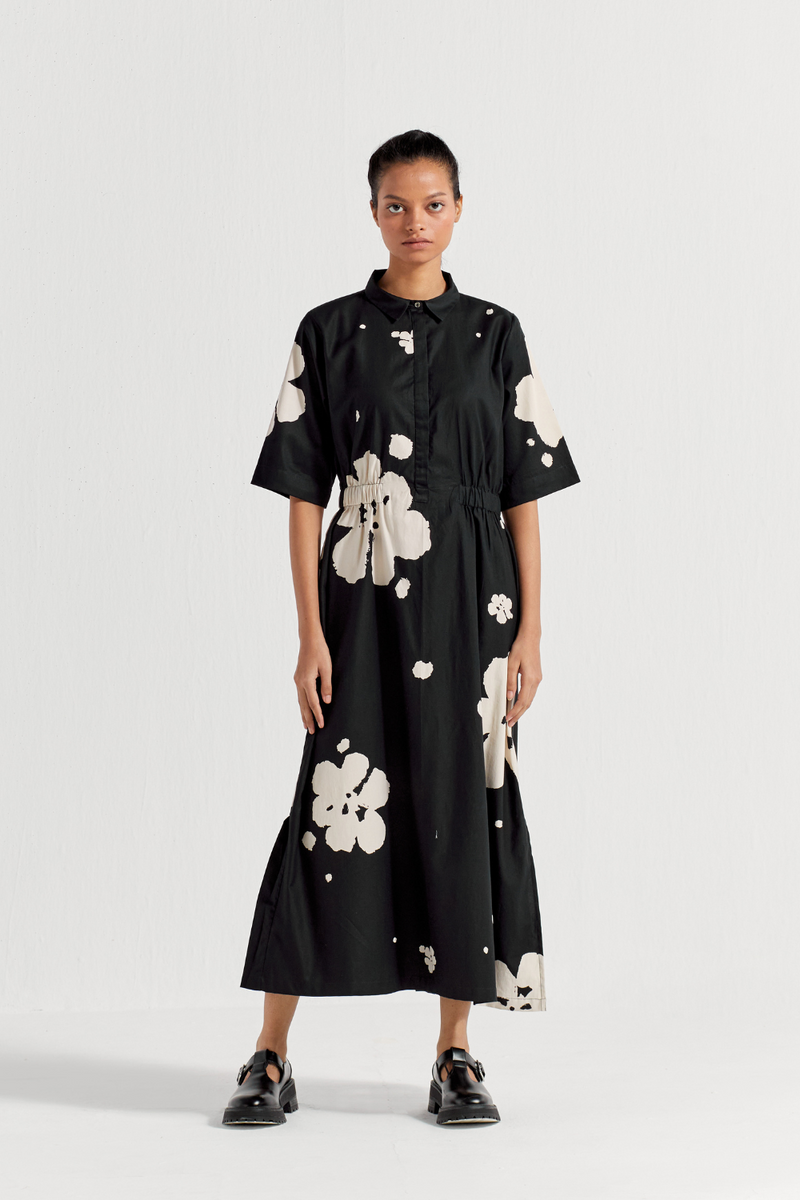COLLARED SIDE ELASTIC WAIST DRESS - BLACK poplin by THREE in black color for women in Singapore