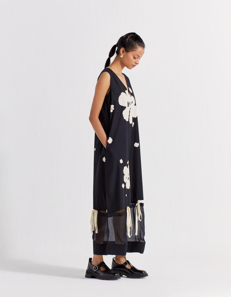 SELF-TIE FLORAL DRESS - BLACK poplin by THREE in black color for women in Singapore