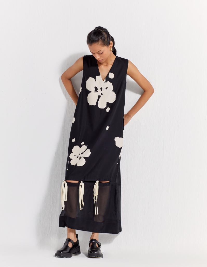 SELF-TIE FLORAL DRESS - BLACK poplin by THREE in black color for women in Singapore