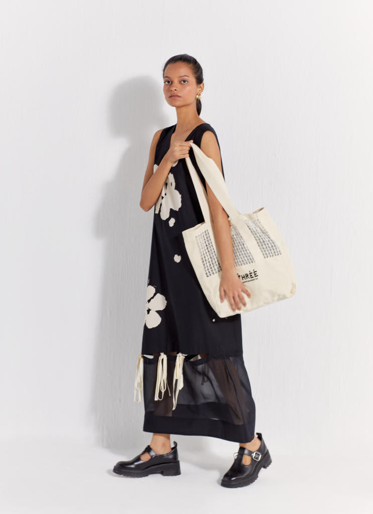 SELF-TIE FLORAL DRESS - BLACK poplin by THREE in black color for women in Singapore