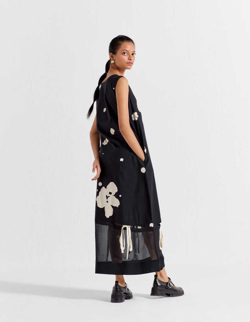 SELF-TIE FLORAL DRESS - BLACK poplin by THREE in black color for women in Singapore