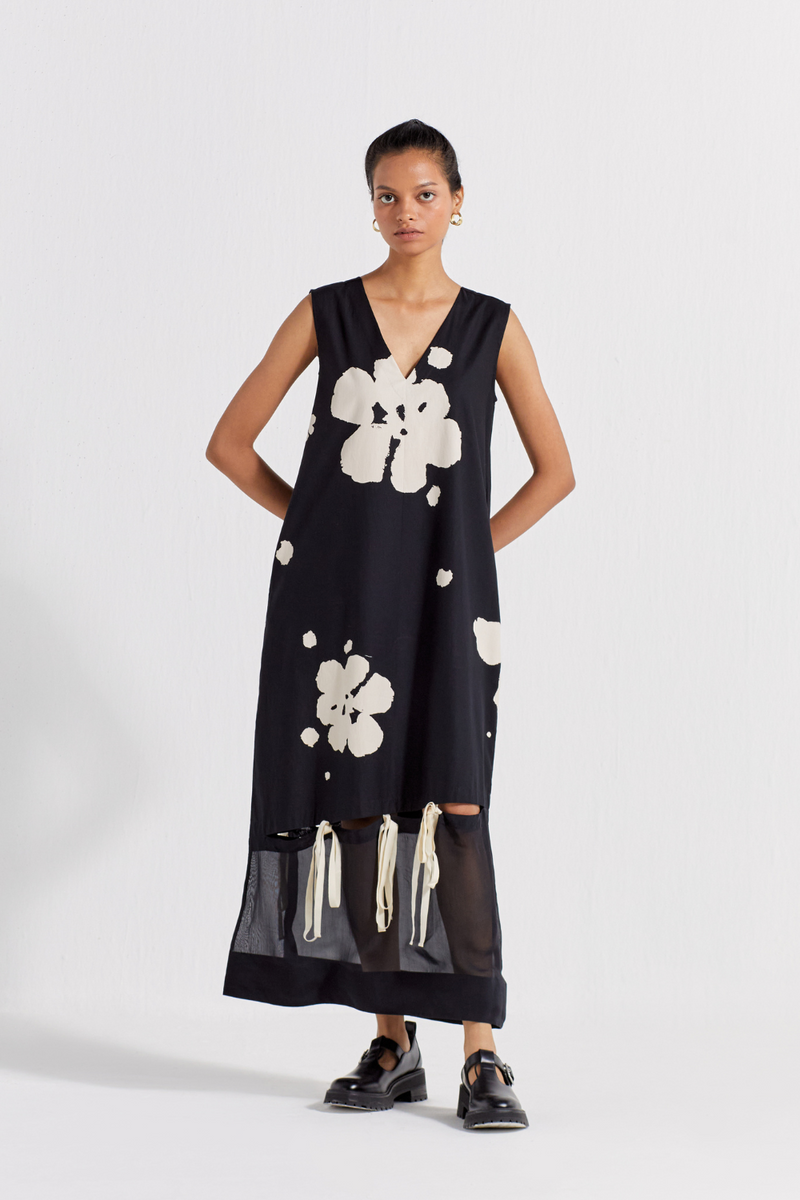 SELF-TIE FLORAL DRESS - BLACK poplin by THREE in black color for women in Singapore