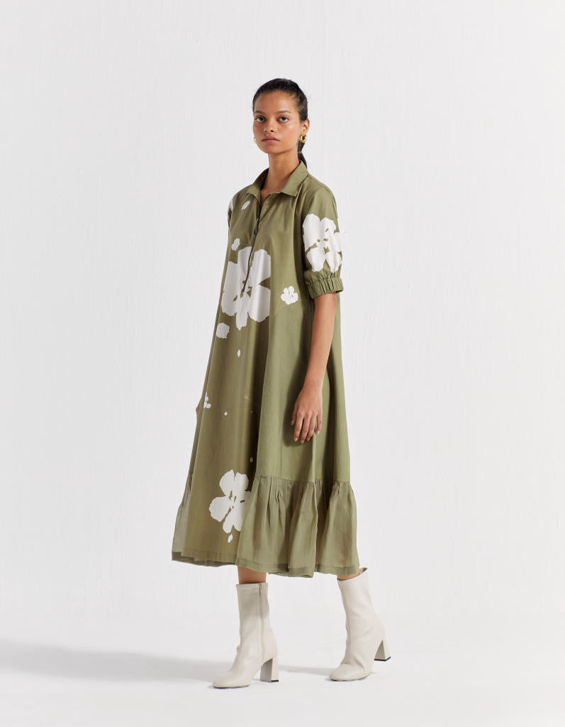 FLORAL COLLARED DRESS - OLIVE poplin by THREE in olive color for women in Singapore