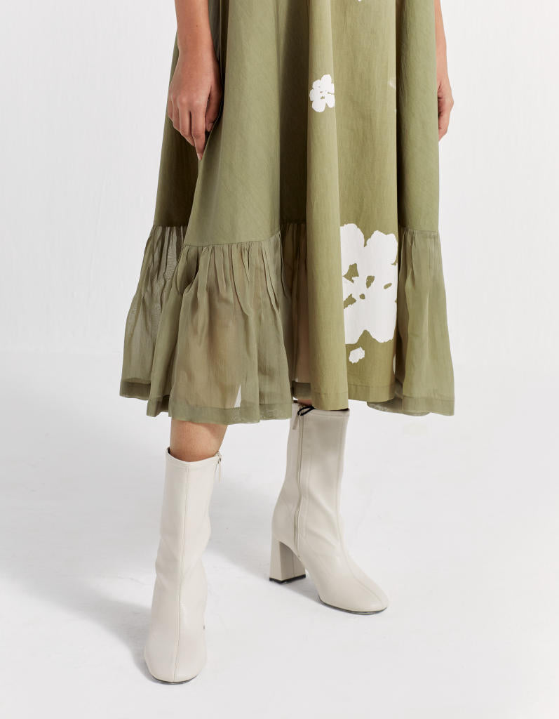 FLORAL COLLARED DRESS - OLIVE poplin by THREE in olive color for women in Singapore