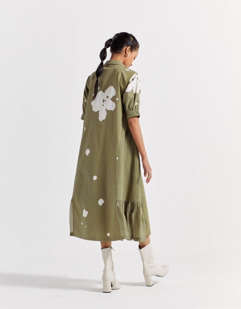 FLORAL COLLARED DRESS - OLIVE poplin by THREE in olive color for women in Singapore