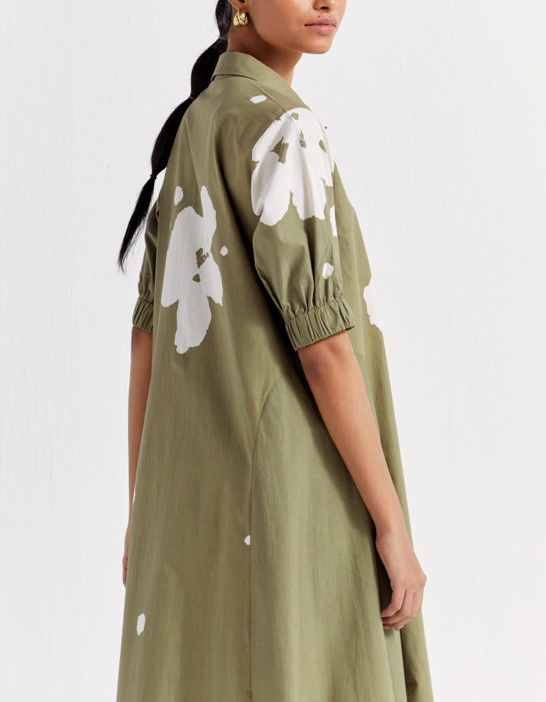 FLORAL COLLARED DRESS - OLIVE poplin by THREE in olive color for women in Singapore