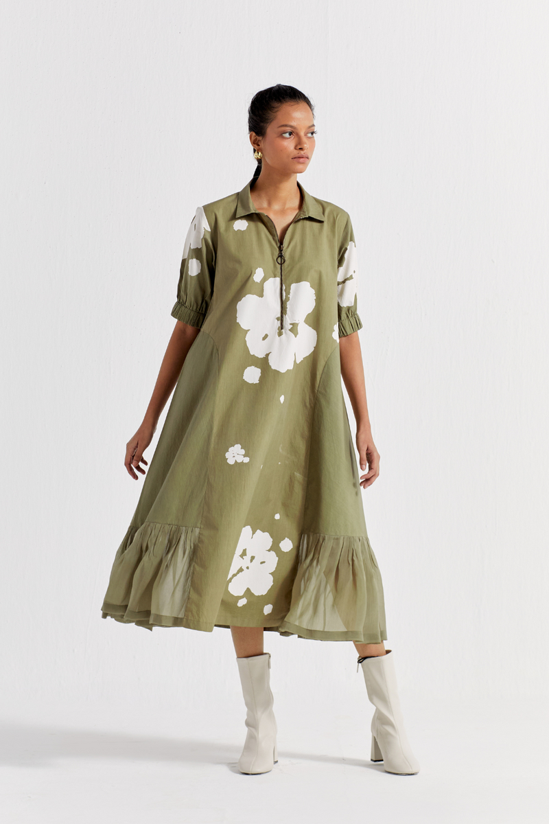 FLORAL COLLARED DRESS - OLIVE poplin by THREE in olive color for women in Singapore