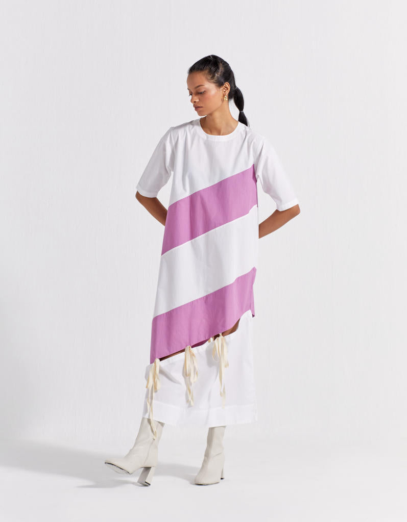 SELF TIE PANEL DRESS - LILAC + WHITE poplin by THREE for women in Singapore