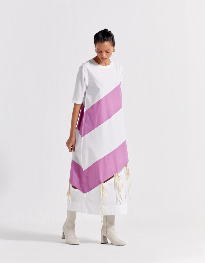 SELF TIE PANEL DRESS - LILAC + WHITE poplin by THREE for women in Singapore