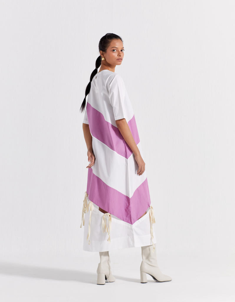 SELF TIE PANEL DRESS - LILAC + WHITE poplin by THREE for women in Singapore