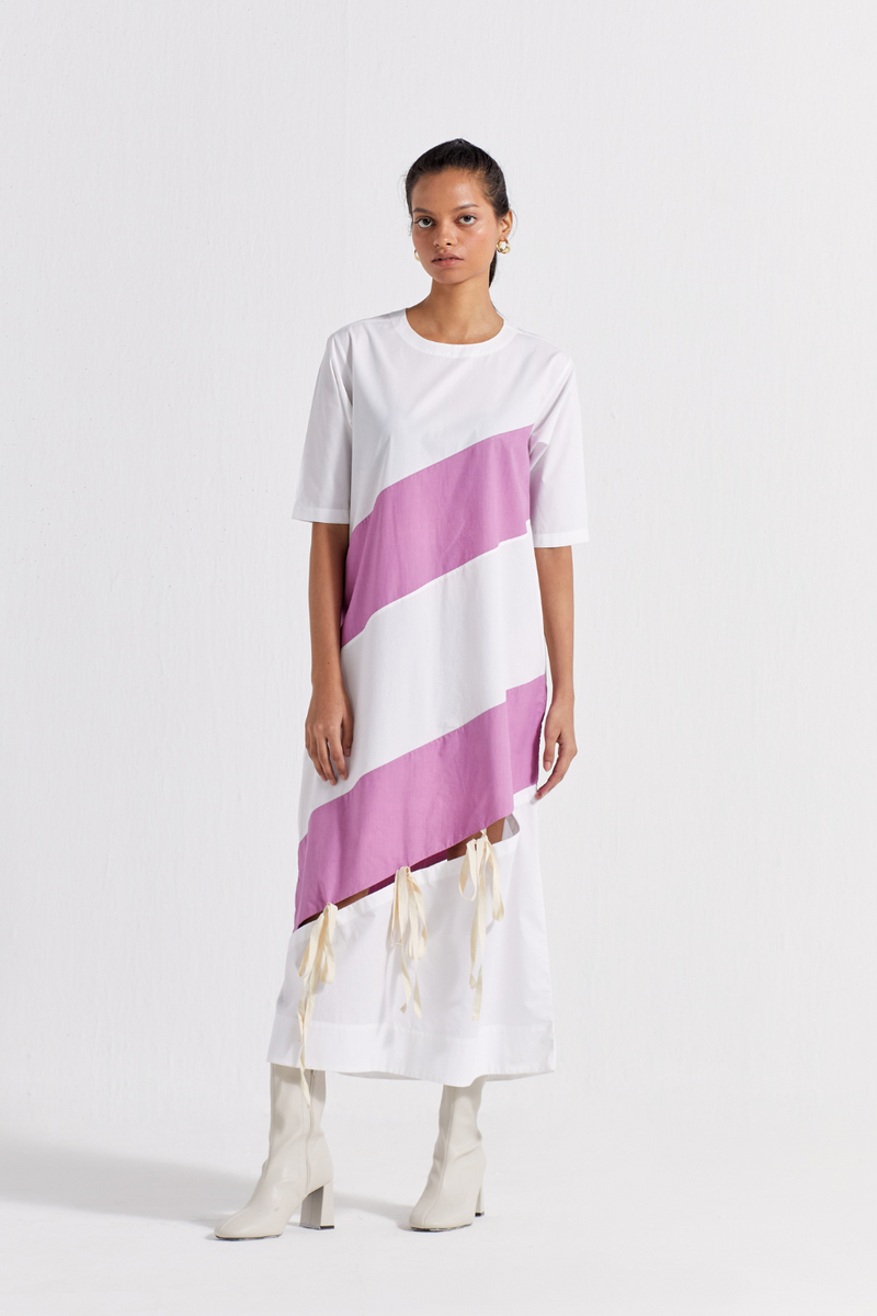 SELF TIE PANEL DRESS - LILAC + WHITE poplin by THREE for women in Singapore