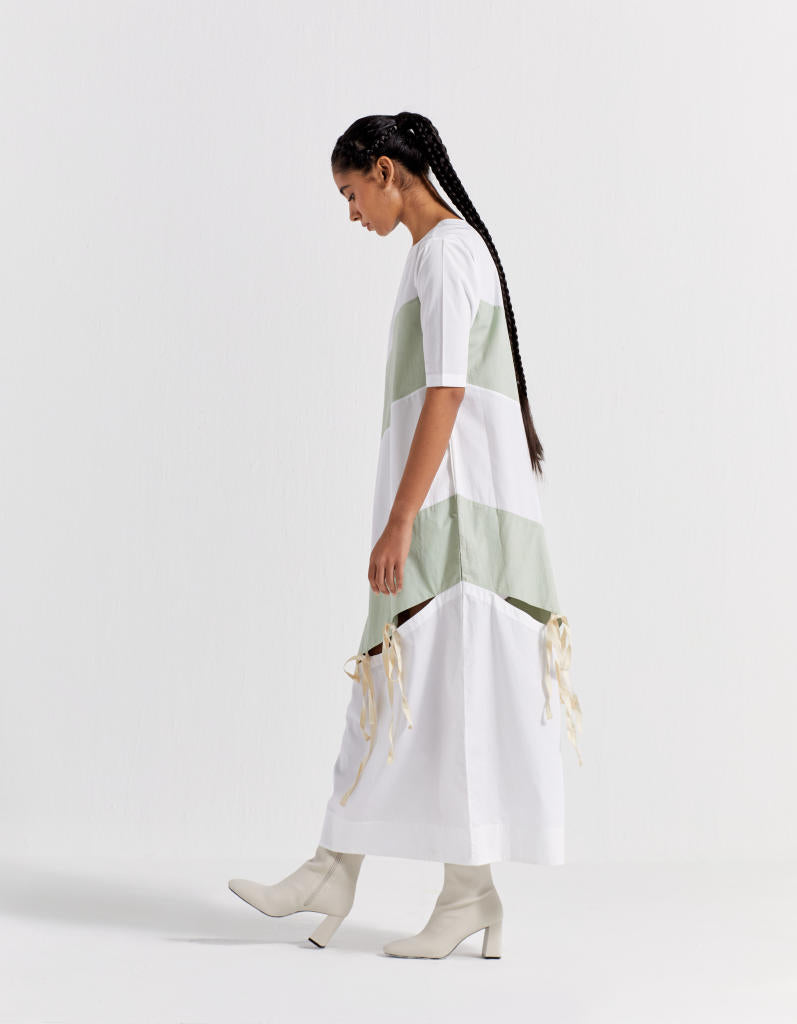 SELF TIE PANEL DRESS - MINT + WHITE poplin by THREE in mint color for women in Singapore