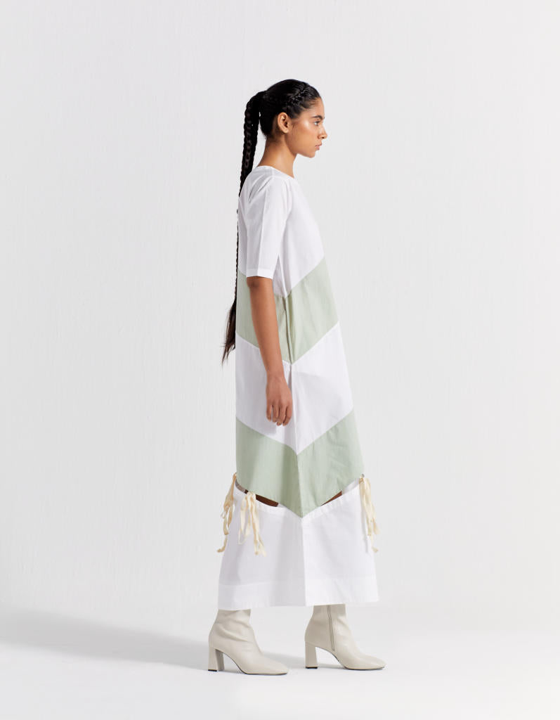 SELF TIE PANEL DRESS - MINT + WHITE poplin by THREE in mint color for women in Singapore