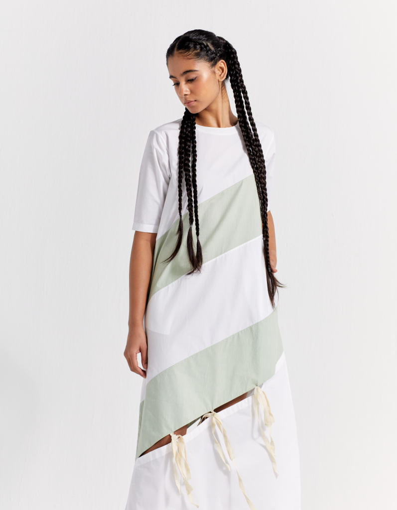 SELF TIE PANEL DRESS - MINT + WHITE poplin by THREE in mint color for women in Singapore