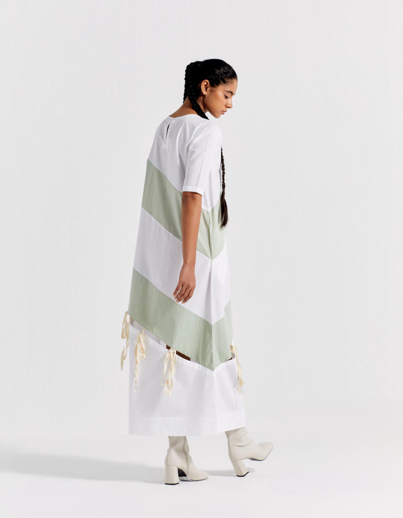 SELF TIE PANEL DRESS - MINT + WHITE poplin by THREE in mint color for women in Singapore