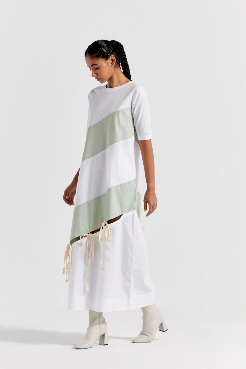 SELF TIE PANEL DRESS - MINT + WHITE poplin by THREE in mint color for women in Singapore