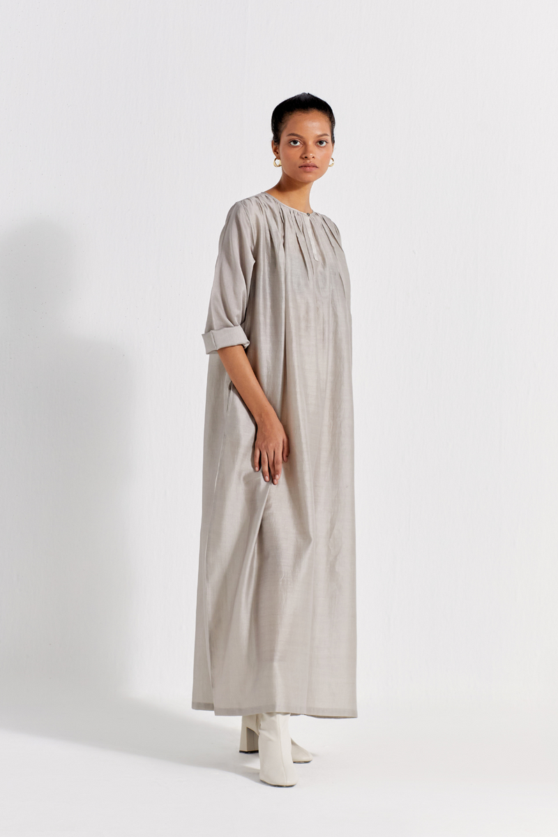 GATHER NECK DRESS - ASH GREY chanderi by THREE in grey color for women in Singapore