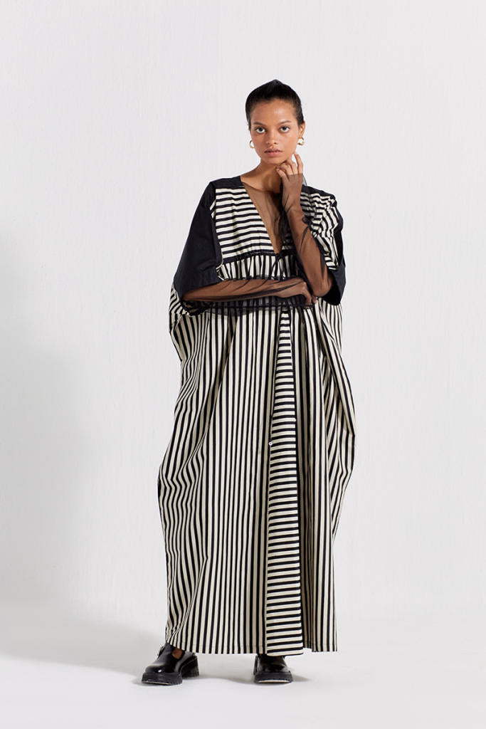 DRAWSTRING KAFTAN - BLACK & WHITE STRIPE poplin by THREE in black color for women in Singapore
