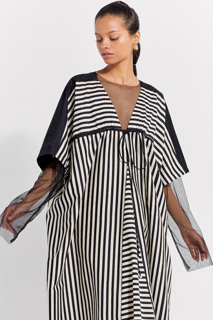 DRAWSTRING KAFTAN - BLACK & WHITE STRIPE poplin by THREE in black color for women in Singapore