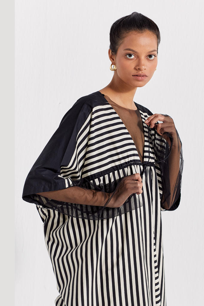 DRAWSTRING KAFTAN - BLACK & WHITE STRIPE poplin by THREE in black color for women in Singapore