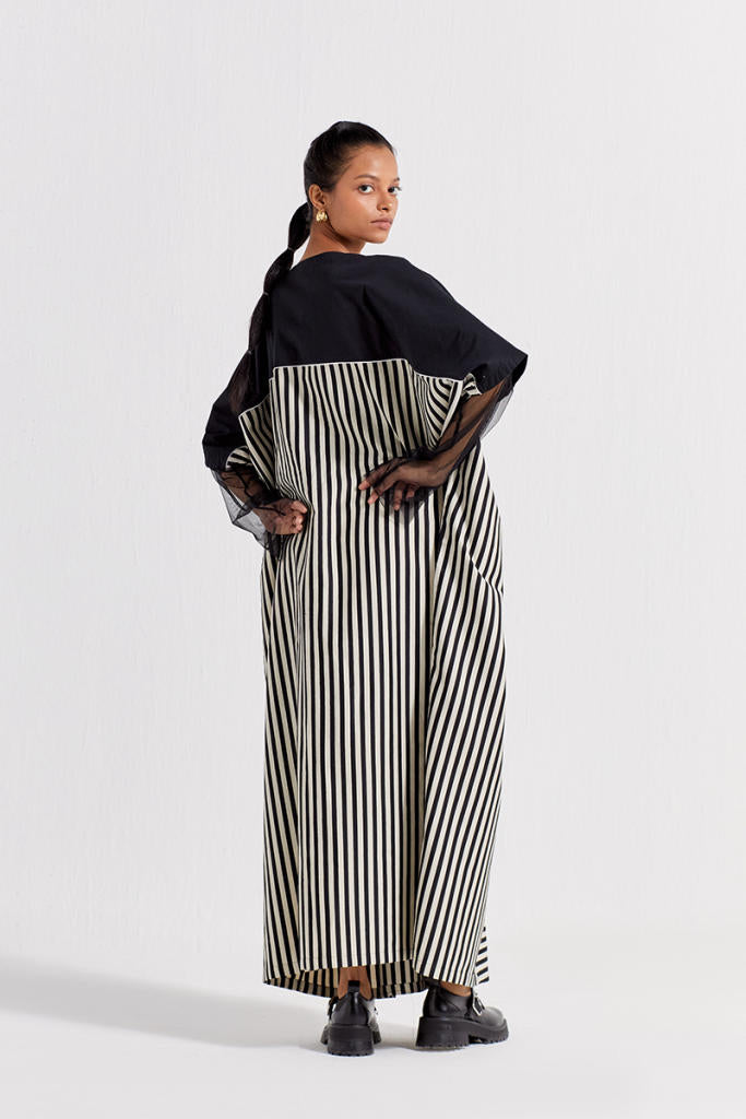 DRAWSTRING KAFTAN - BLACK & WHITE STRIPE poplin by THREE in black color for women in Singapore