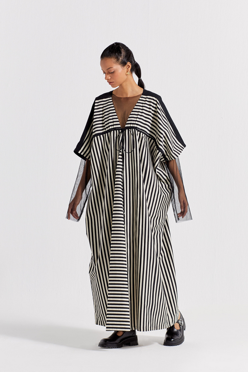 DRAWSTRING KAFTAN - BLACK & WHITE STRIPE poplin by THREE in black color for women in Singapore