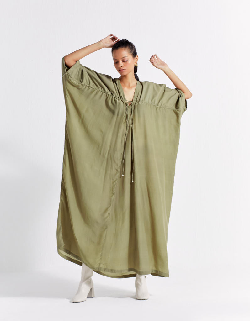 DRAWSTRING KAFTAN - OLIVE poplin by THREE in olive color for women in Singapore